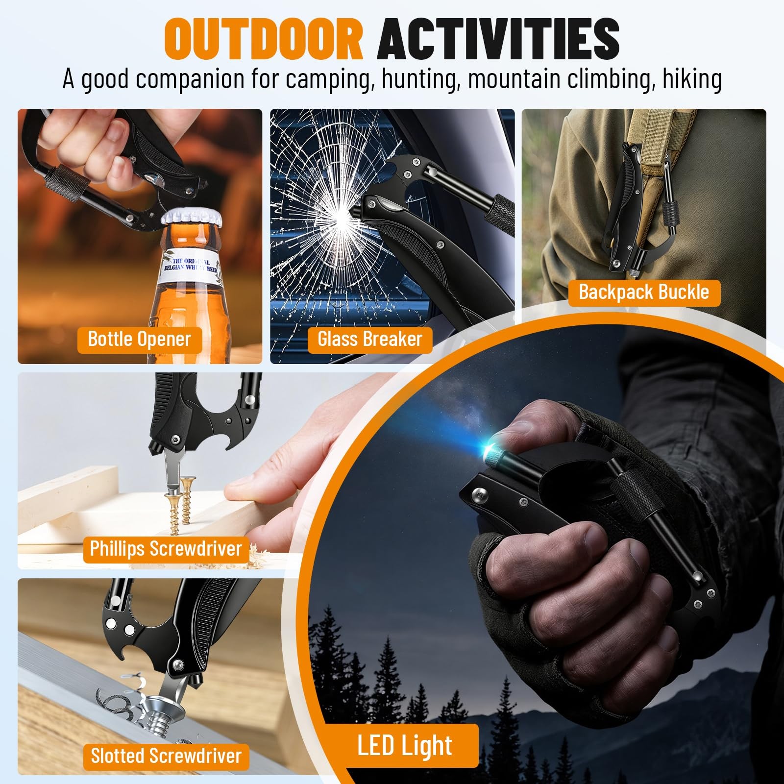 Carabiner Multitool with Pocket Knife, 7-in-1 EDC Carabiners with Folding Kni…
