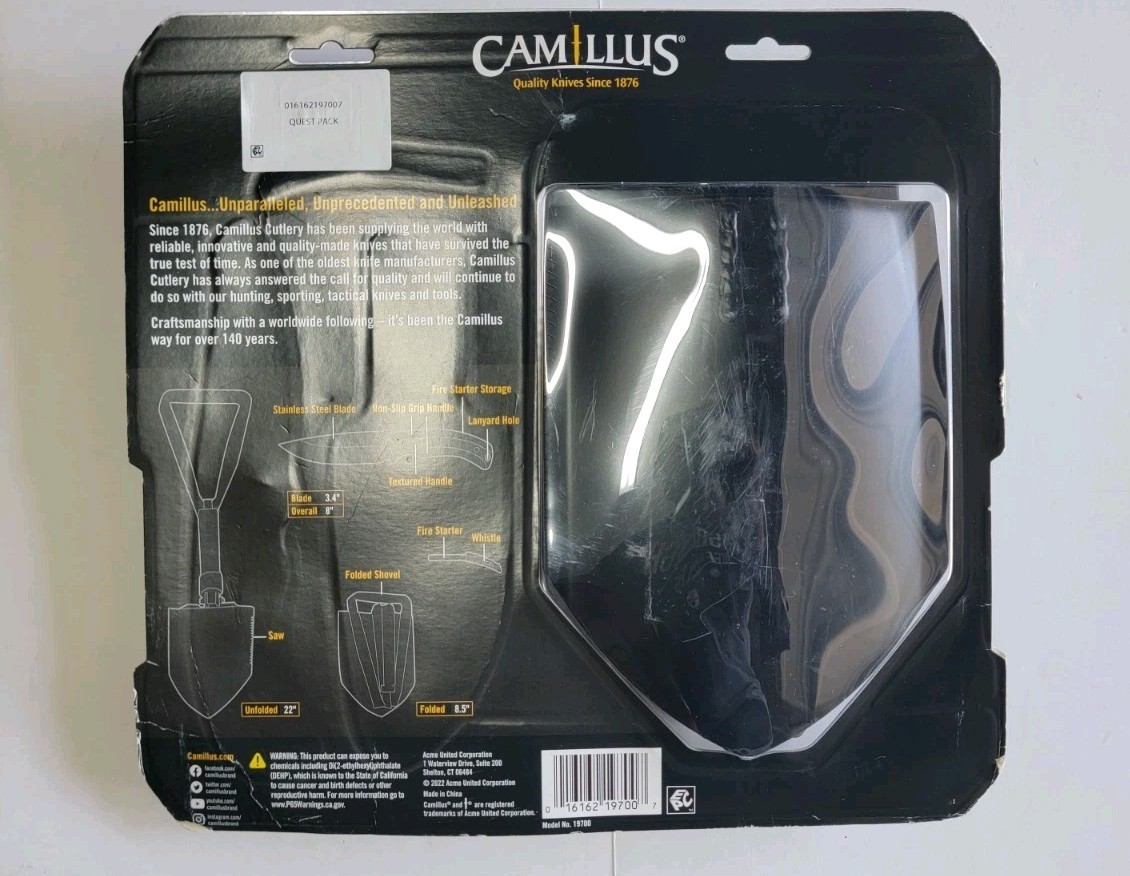 CAMILLUS QUEST PACK W/22” SHOVEL-8” KNIFE W/SHEATH-FIRE STARTER-WHISTLE NIP
