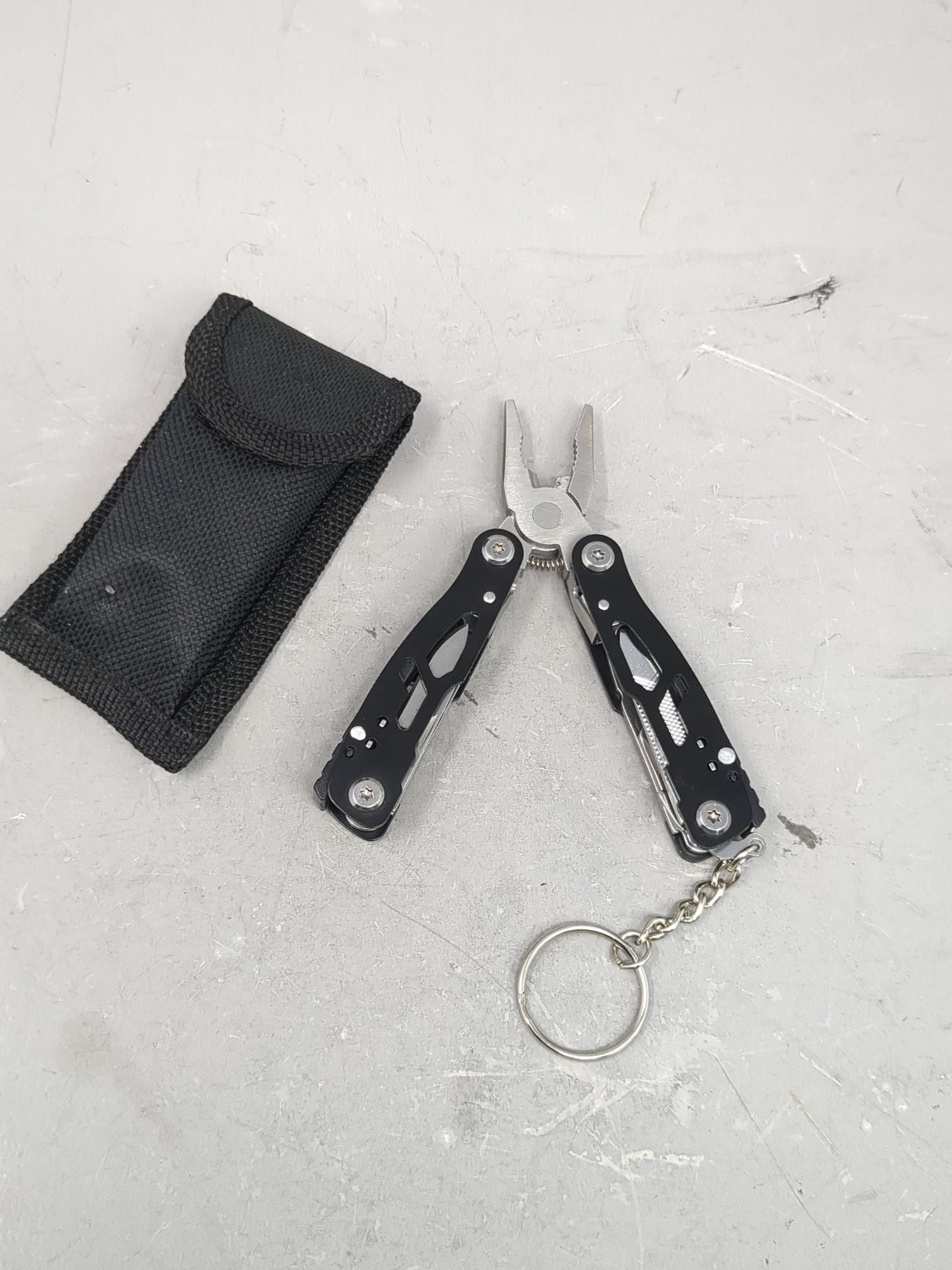 Multi-Tool Keychain with Pliers Black Stainless Steel Camping Hiking and Pouch