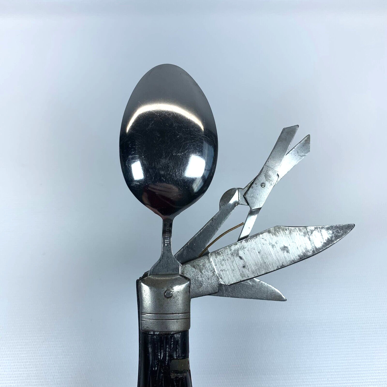 Vintage Pocket Folding Multi Tools Stainless Steel Spoon Fork Cork Screw Knife