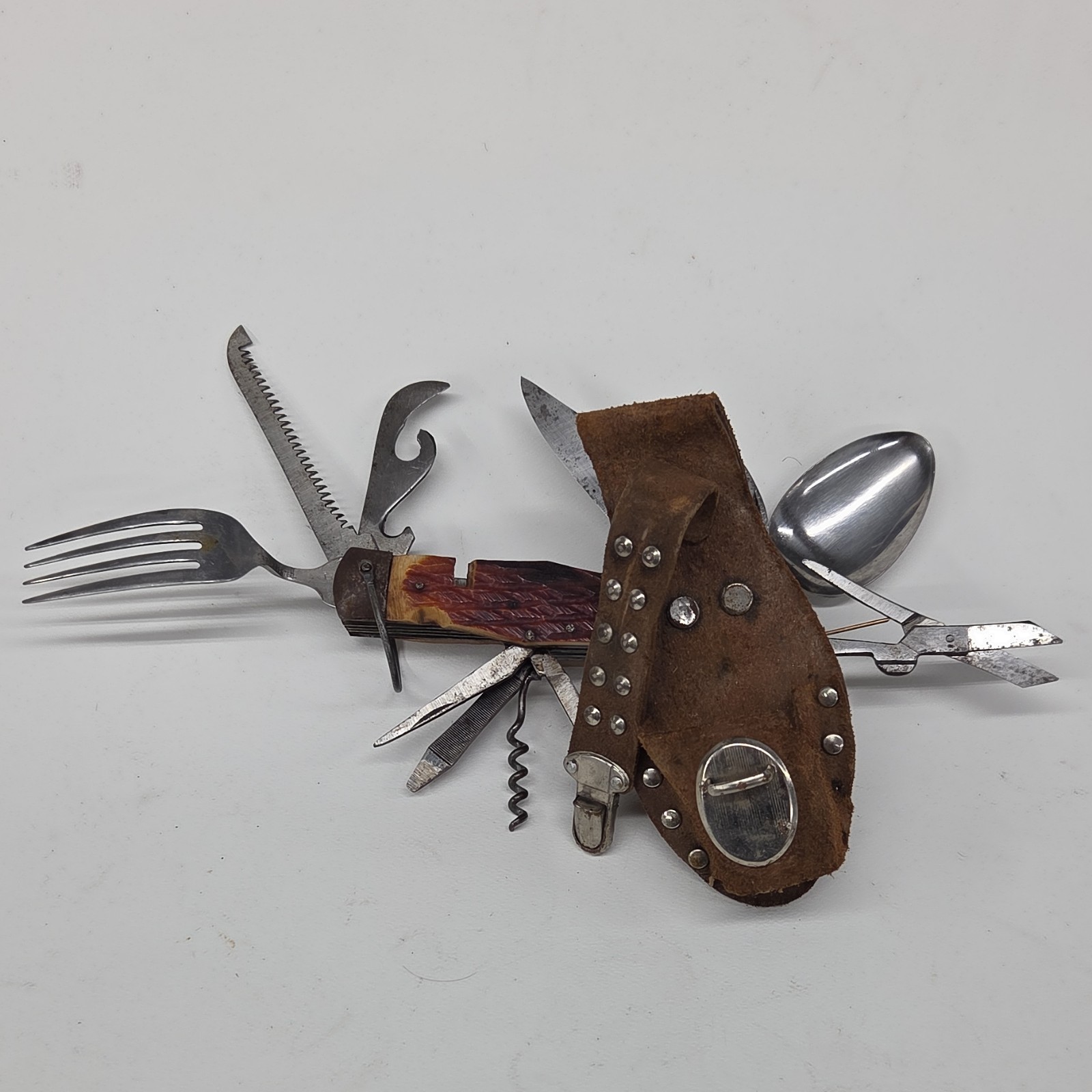 Vintage Camping Multi-Tool Knife Fork Spoon Scissors Corkscrew Leather Sheath