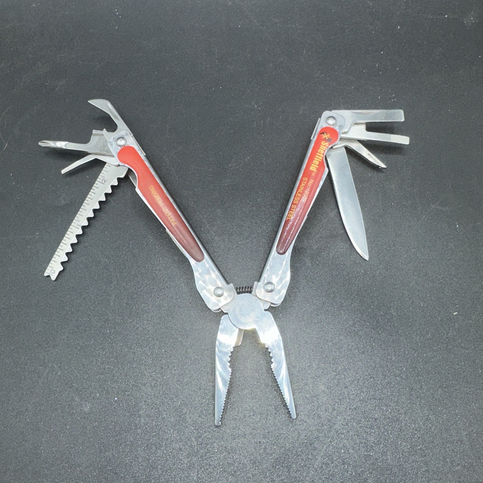 SHEFFIELD #1200E STAINLESS STEEL FOLDING PLIERS & MULTI TOOL KNIFE SAW