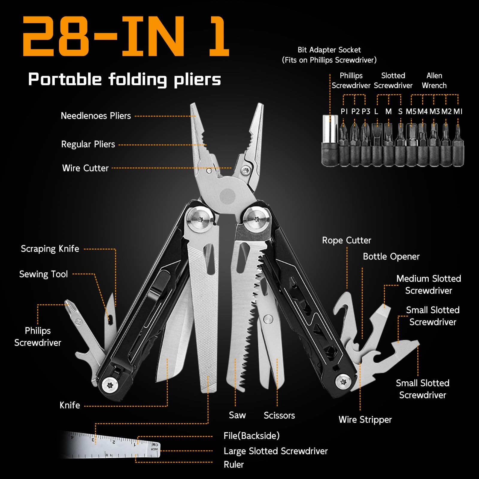 28-in-1 Multitool Pliers with Scissors,Saw, Screwdrivers,Rope Cutters,Can Ope…
