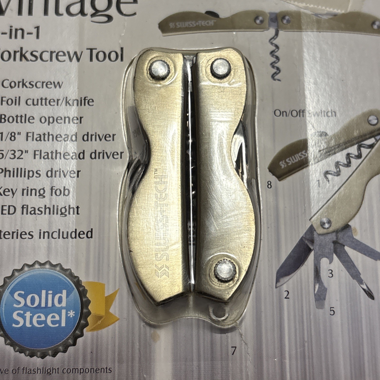 Swiss-Tech Vintage 8-in-1 Multi Tool Corkscrew Phillips Flashlight Knife New