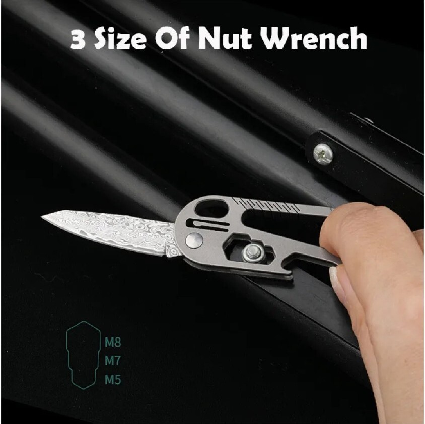 Mini EDC Multitool – Anodized Blue Titanium Carabiner Keychain w/ Damascus Blade