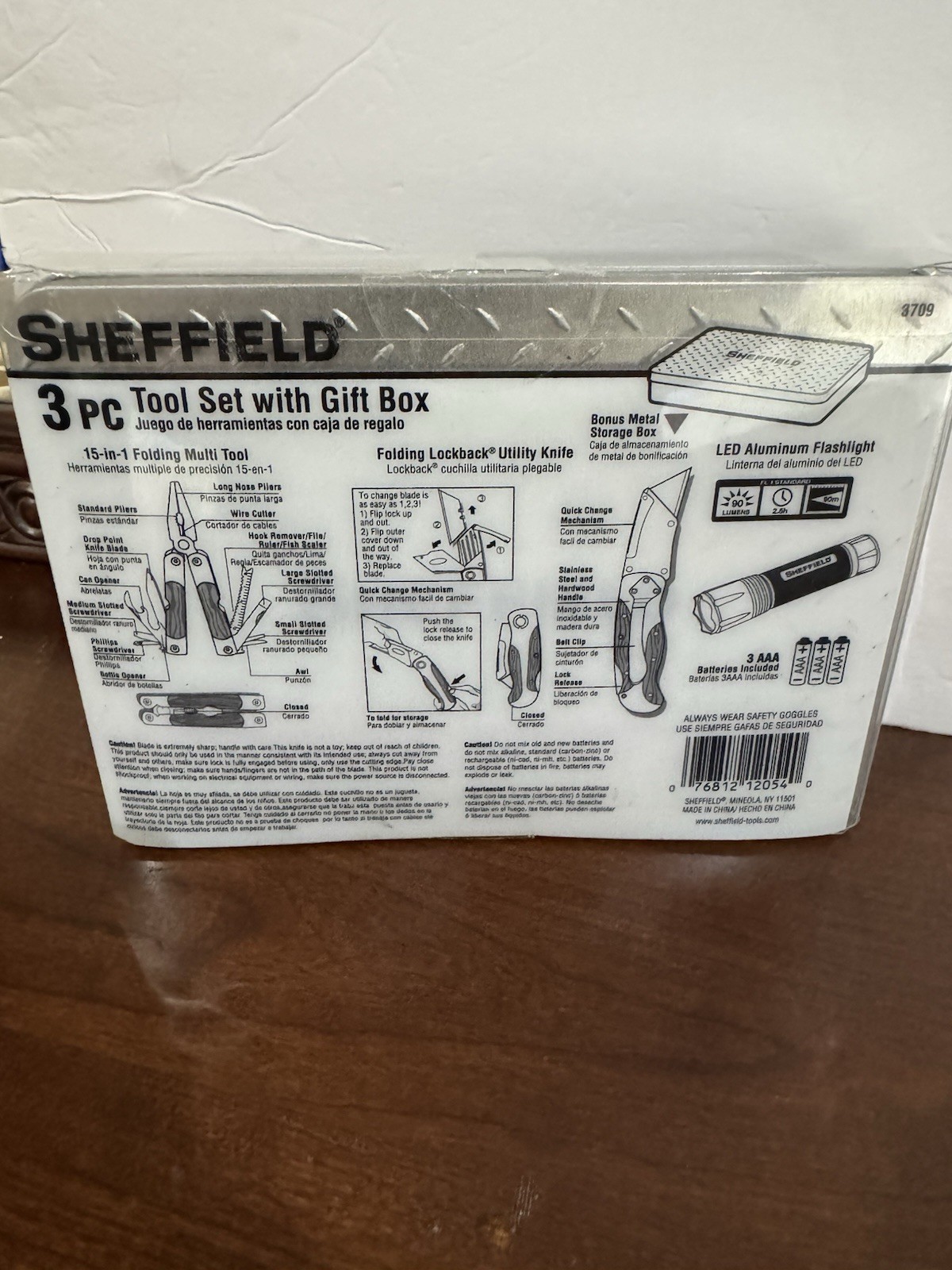 NEW Sheffield 3 Pc Tool Set With Tin Box Multi Tool Utility Knife Flashlight