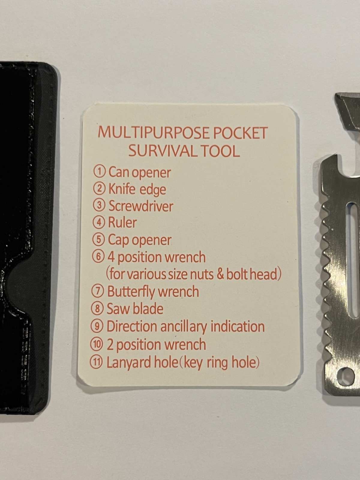 Stainless Steel Multipurpose Pocket Survival Tool with Black Leather Sleeve