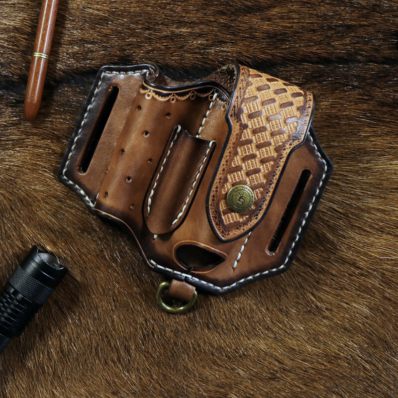 TOURBON 4-in-1 Leather Multitool Belt Holster for Flashlight/EDC/Pen Sheath Gift