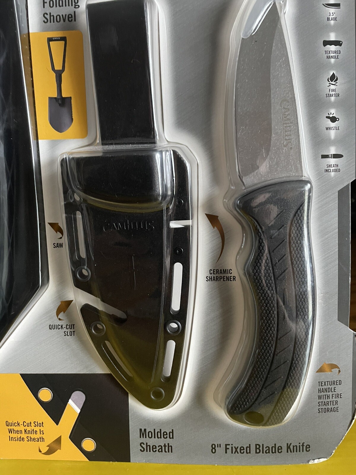 CAMILLUS QUEST PACK W/22” SHOVEL-8” KNIFE W/SHEATH-FIRE STARTER-WHISTLE NIP