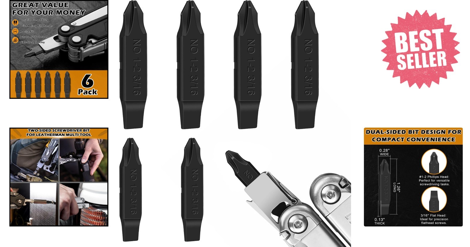 4-Pack Replacement Screwdriver Bits, Designed for Leatherman Multi-Tools, Philli