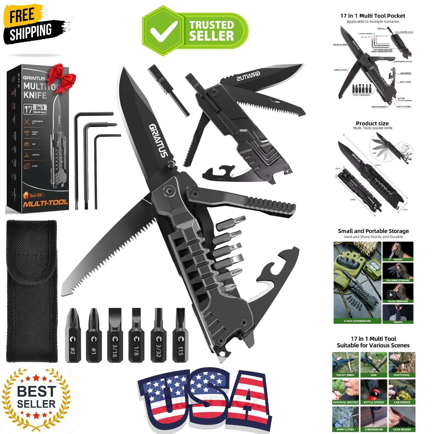 Durable 17-in-1 Camping Multitool Knife with Fire Starter & Whistle – Black