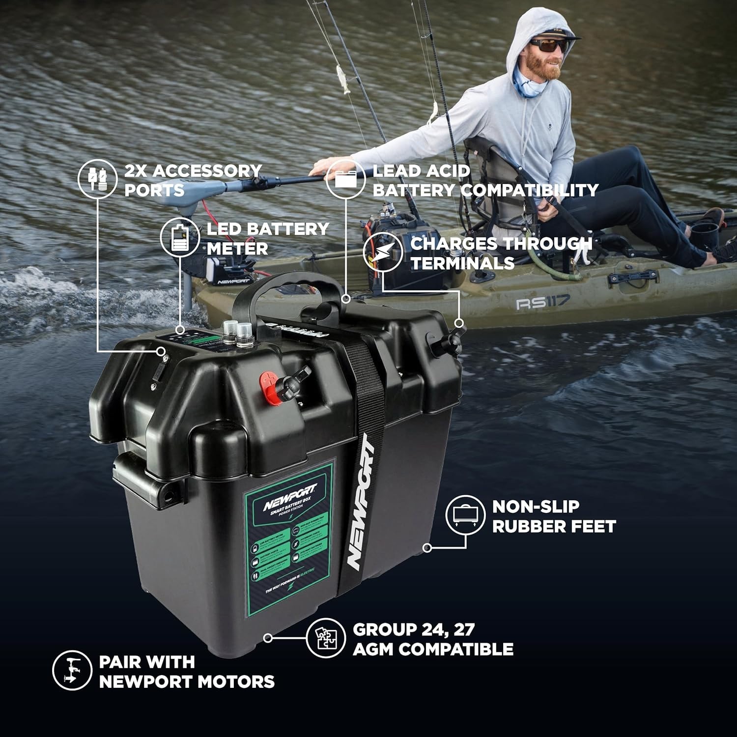 Newport Trolling Motor Smart Battery Box Power Center with USB and DC Ports, …