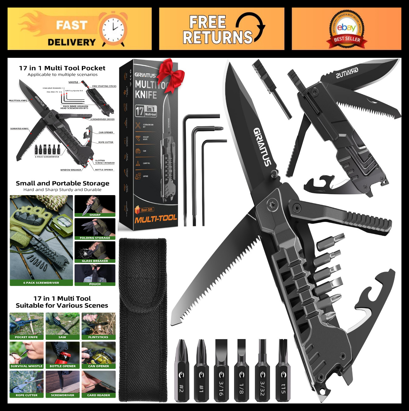 17-in-1 Multitool Knife with Fire Starter, Bottle Opener, Screwdrivers & More –