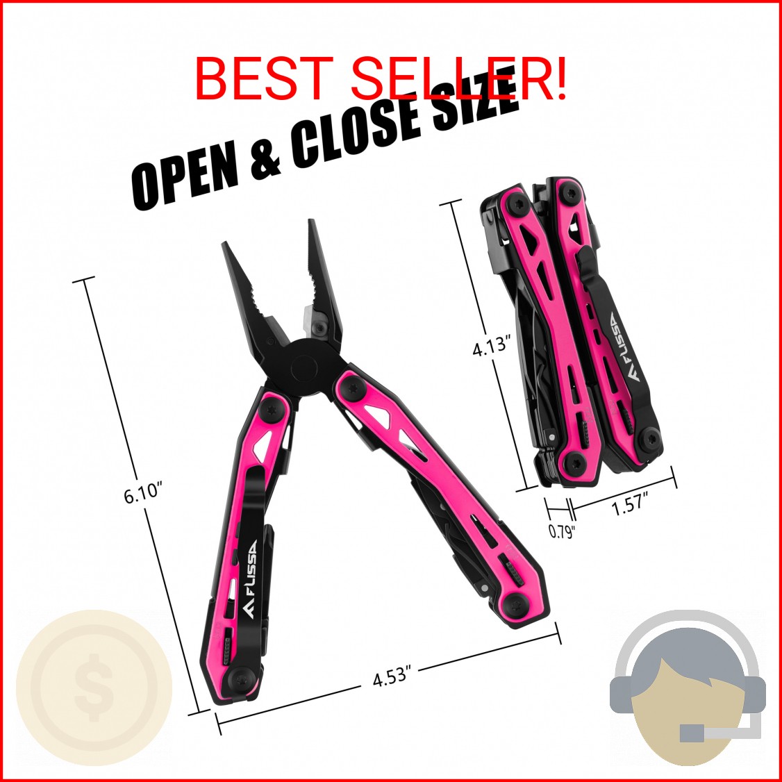FLISSA 16-in-1 Pink Multi Tool Pliers, Gifts for Men Women, Stainless Steel EDC