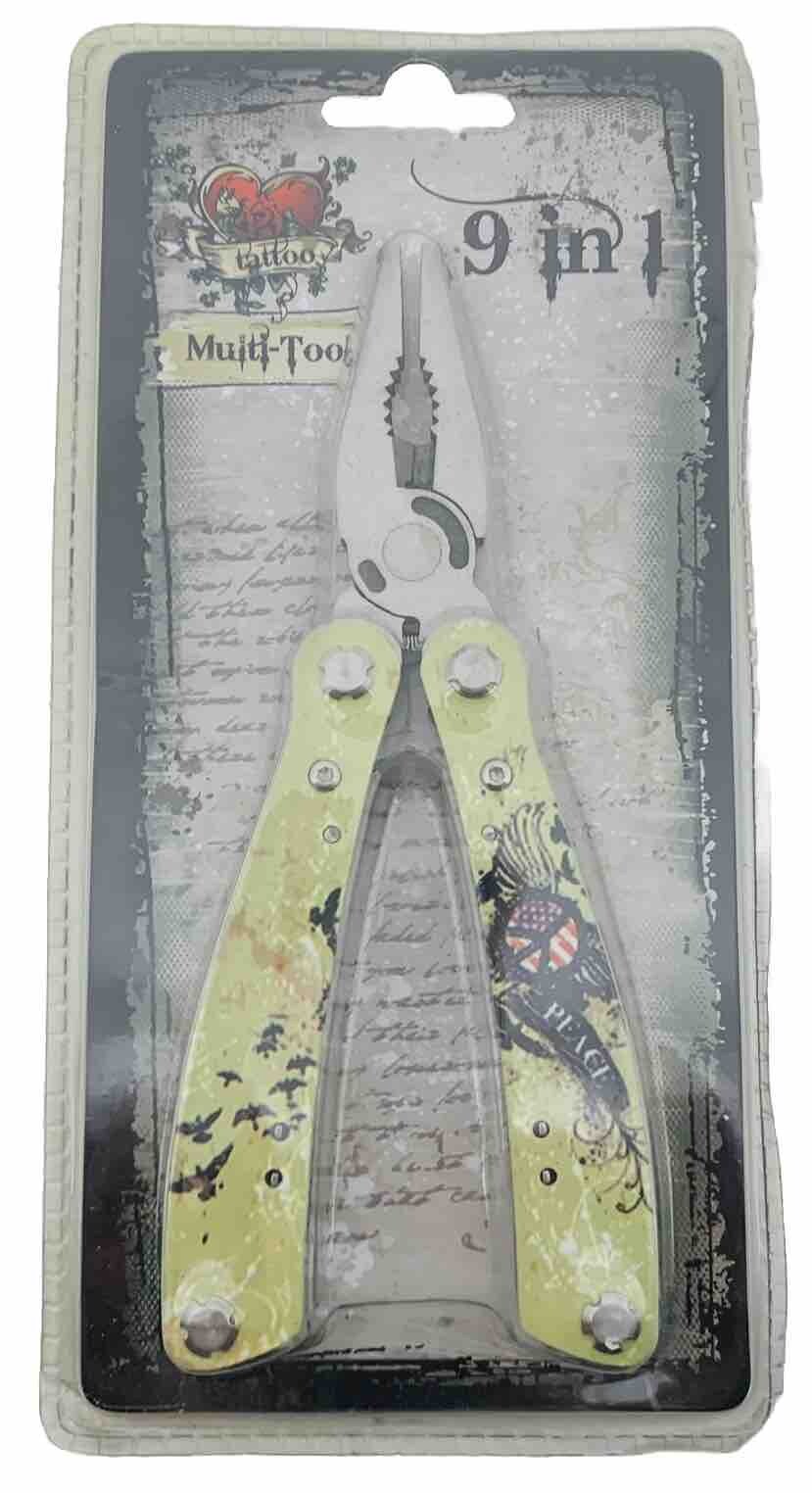9-in-1 Multi-Tool Custom “Tattoo” Handle Knife Screwdriver Saw Pliers File NEW