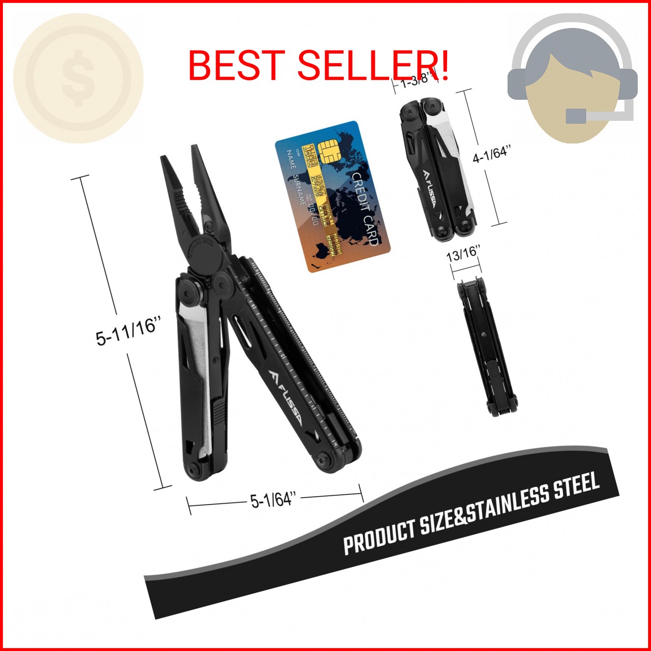 FLISSA Multitool, 16-in-1 Multitools with Sheath, Stainless Steel EDC Multitool,