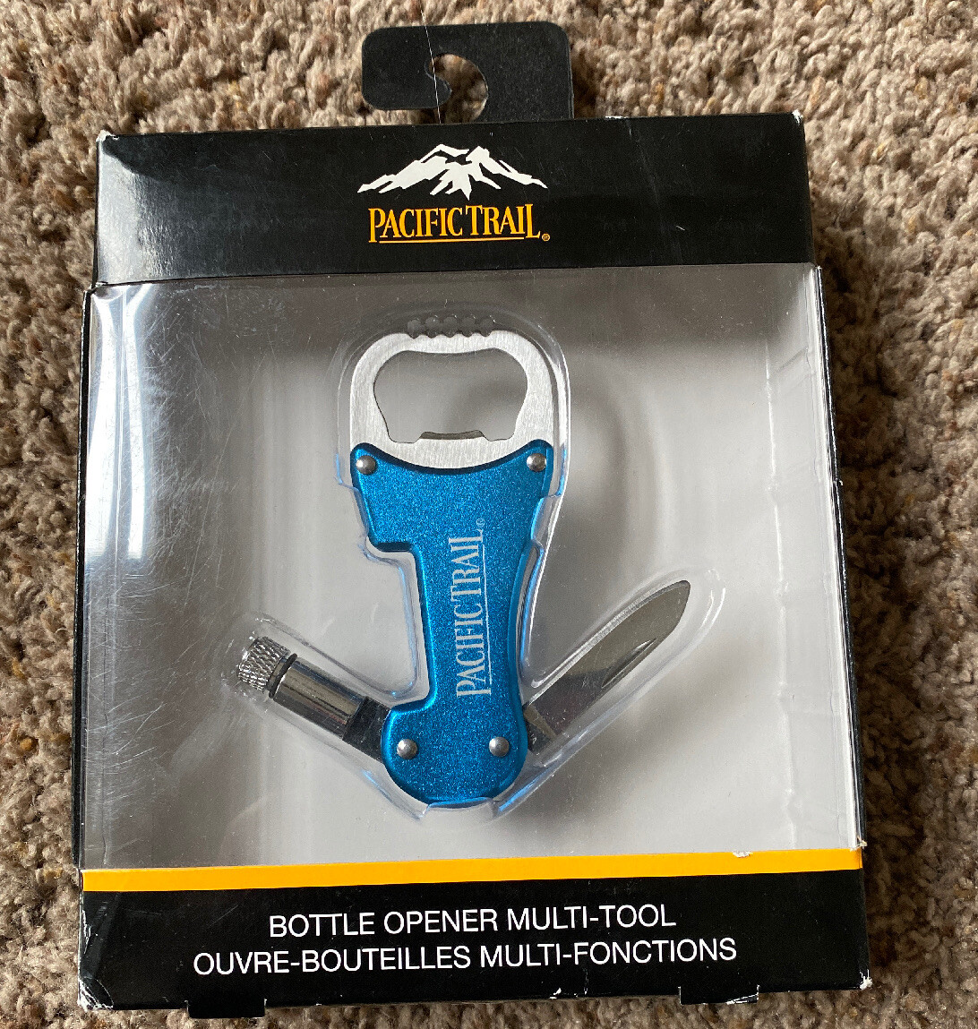 NEW PACIFIC TRAIL BLUE BOTTLE OPENER MULTI TOOL FOLDING POCKET KNIFE FLASH LIGHT