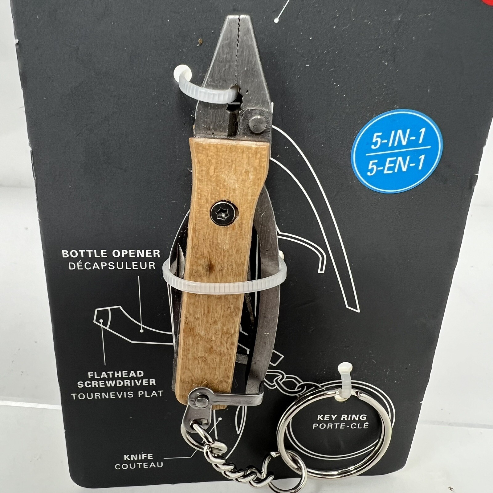 #KR16-W Kikkerland Pocket 5 in 1 Mini Wood/Steel Pliers Key Ring Multi Tool