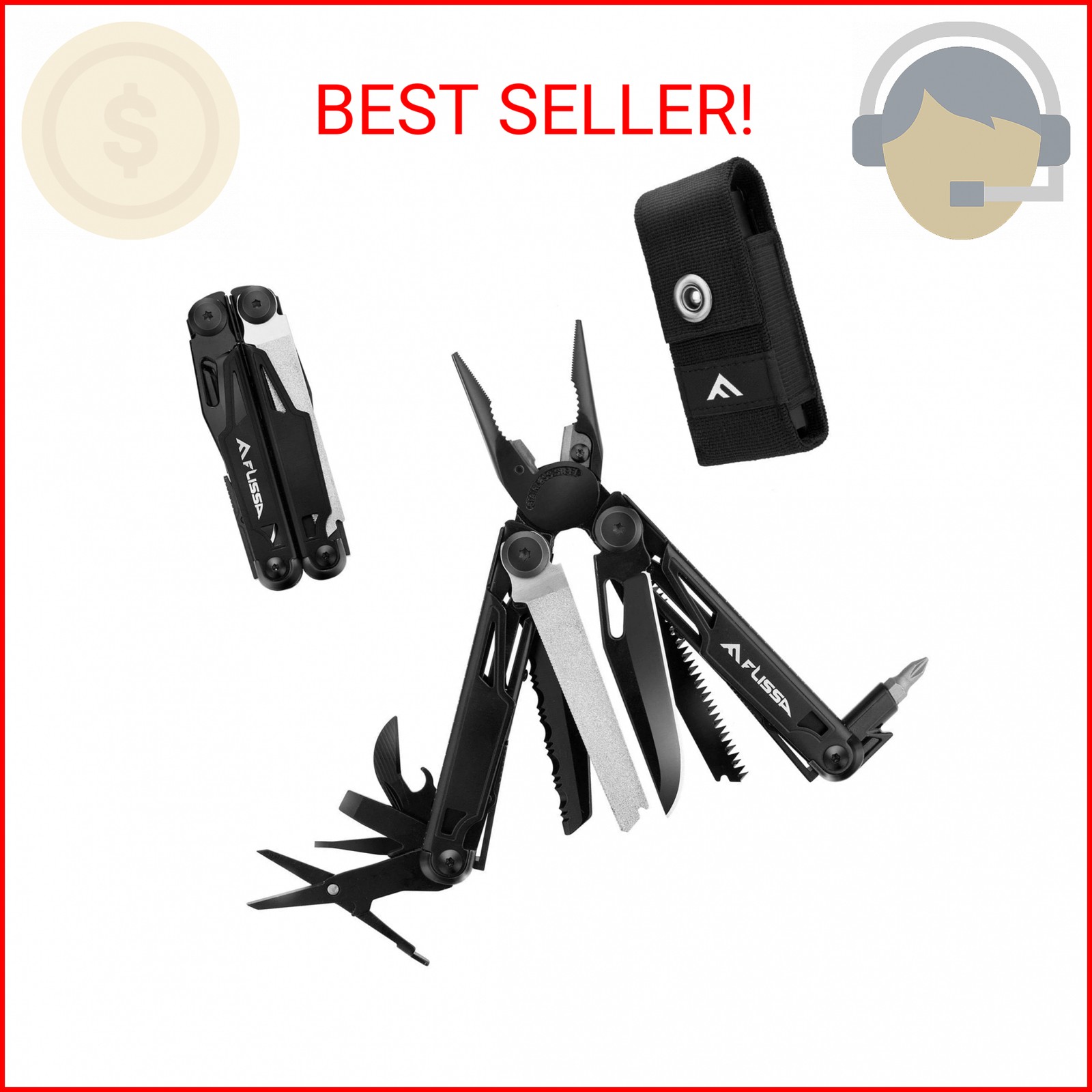 FLISSA Multitool, 16-in-1 Multitools with Sheath, Stainless Steel EDC Multitool,