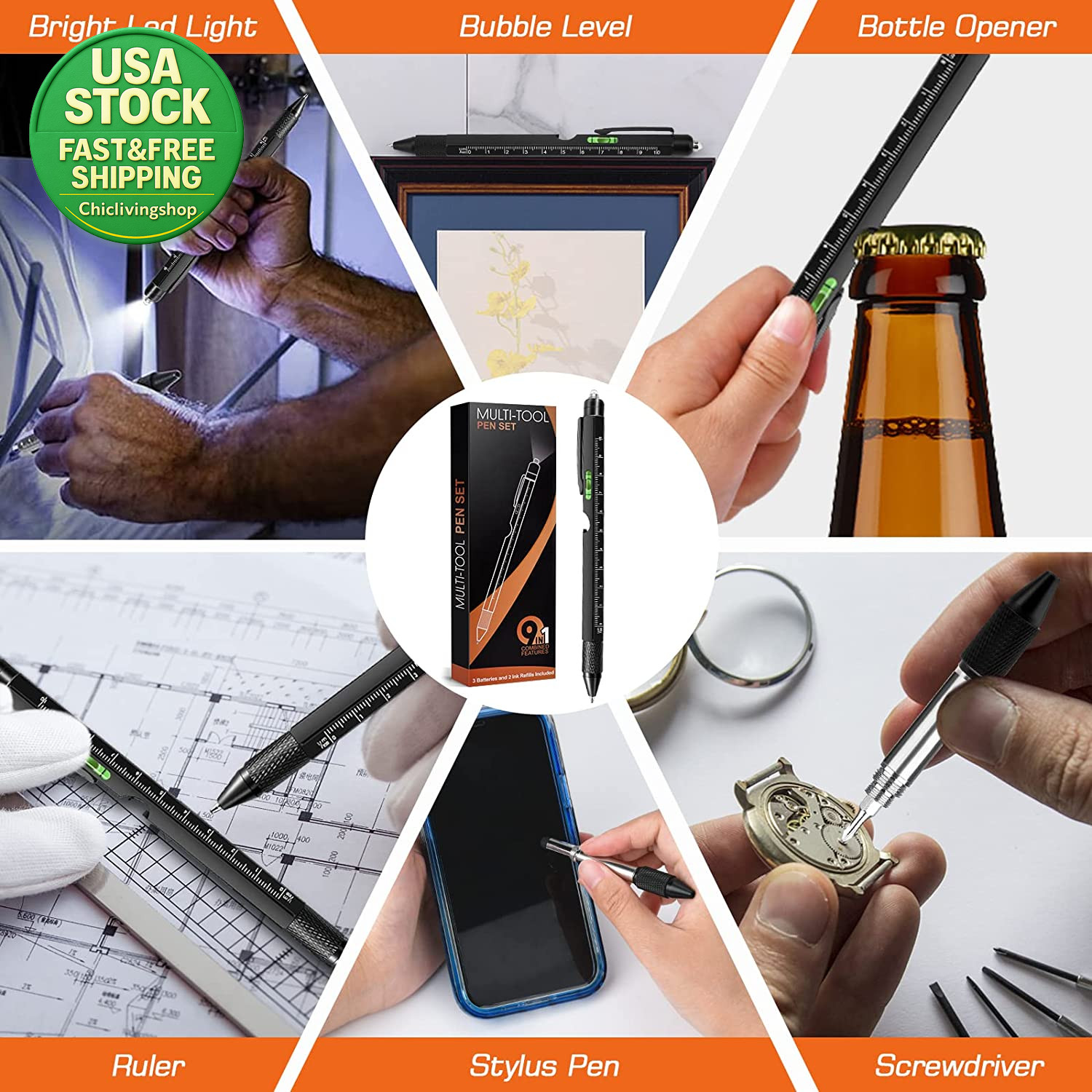 9 in 1 Multitool Pen Gifts for Dad Husband Men Tools Gadgets Black