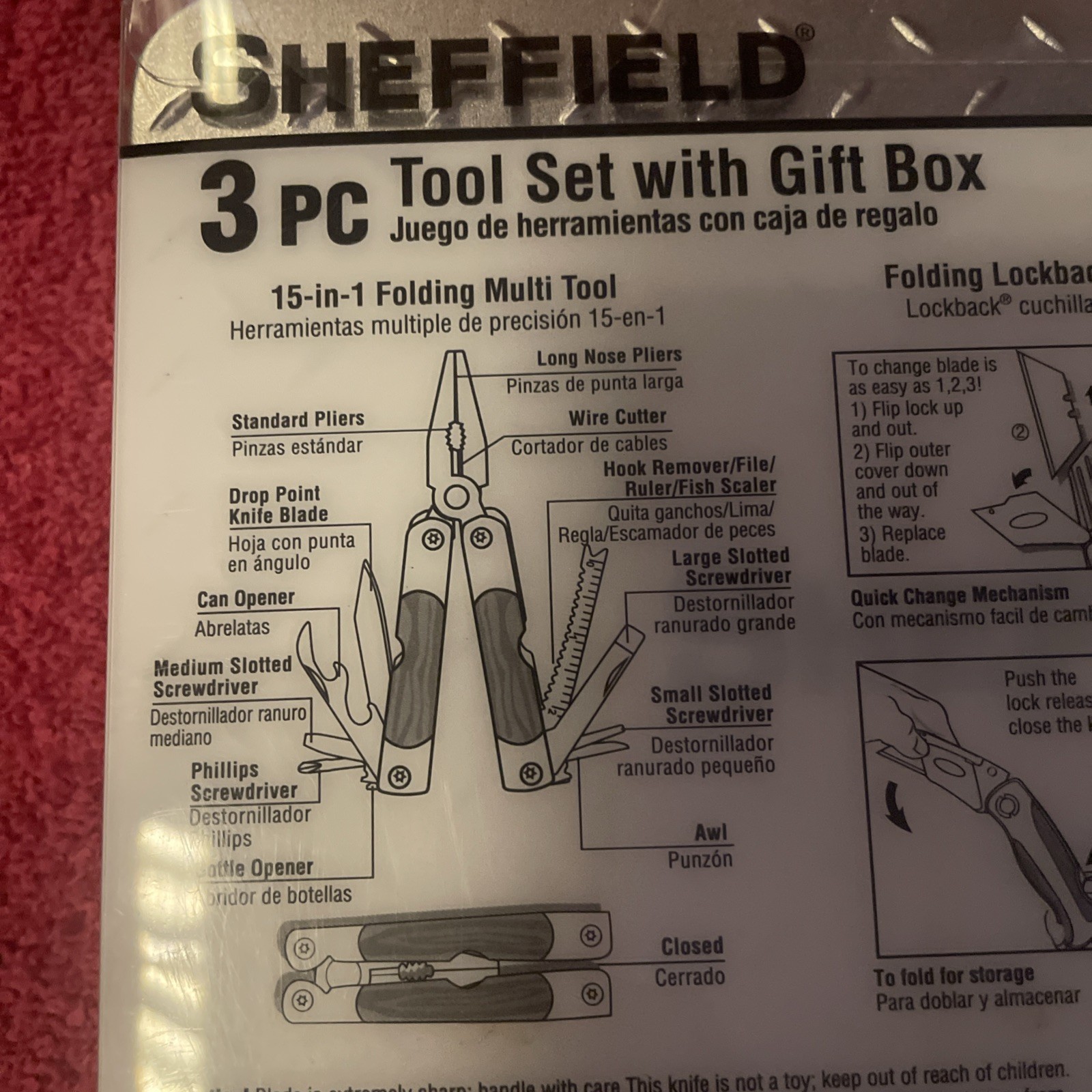 NEW Sheffield 3 Pc Tool Set With Tin Box Multi Tool Utility Knife Flashlight