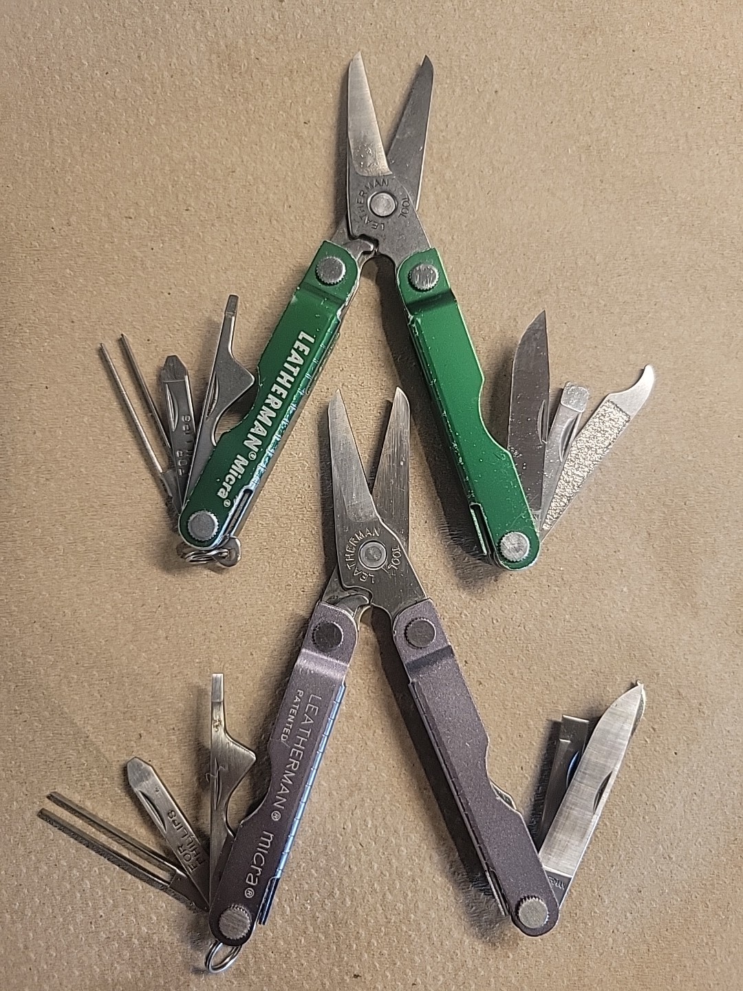 2 Leatherman Micra Multi Tools SILVER GRAY GREEN Very Good Condition Lot E