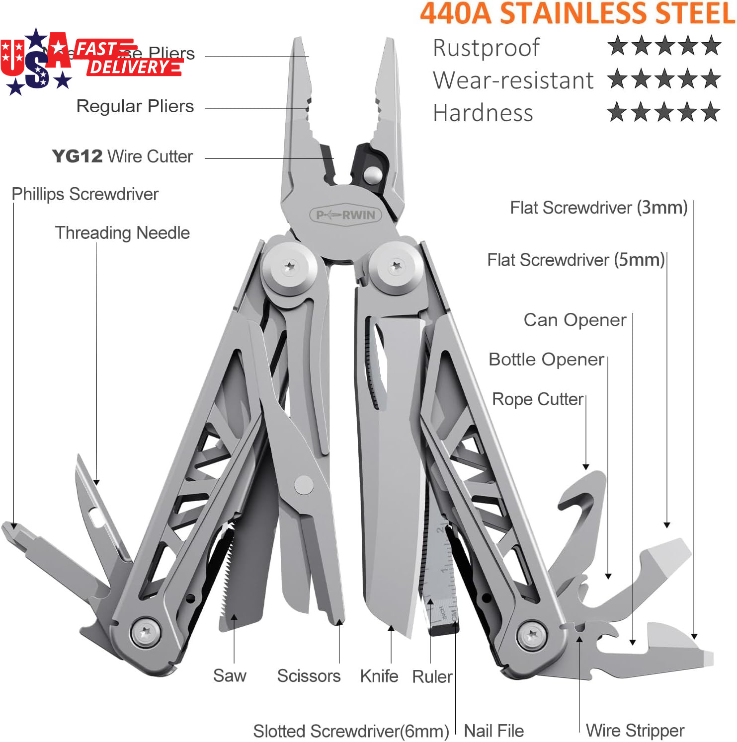 Multitool, 17-In-1 Stainless Steel Multi Tool Pliers with Self-Locking, Pocket K