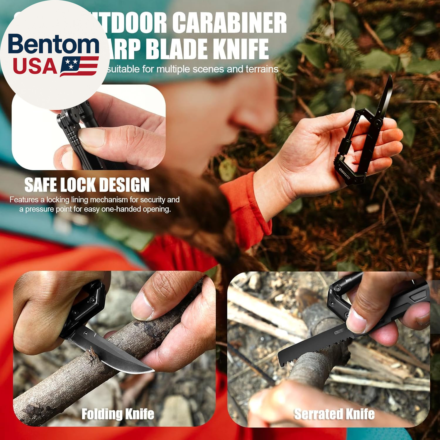 Carabiner Multitool 8-In-1 EDC Carabiners Pocket Knife, Serrated Knife, Rope Cut