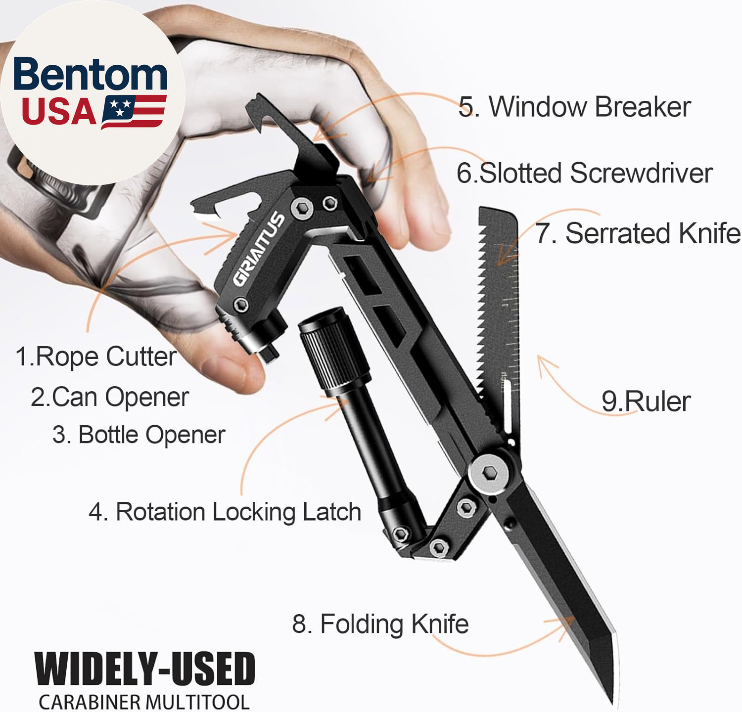 Carabiner Multitool 8-In-1 EDC Carabiners Pocket Knife, Serrated Knife, Rope Cut