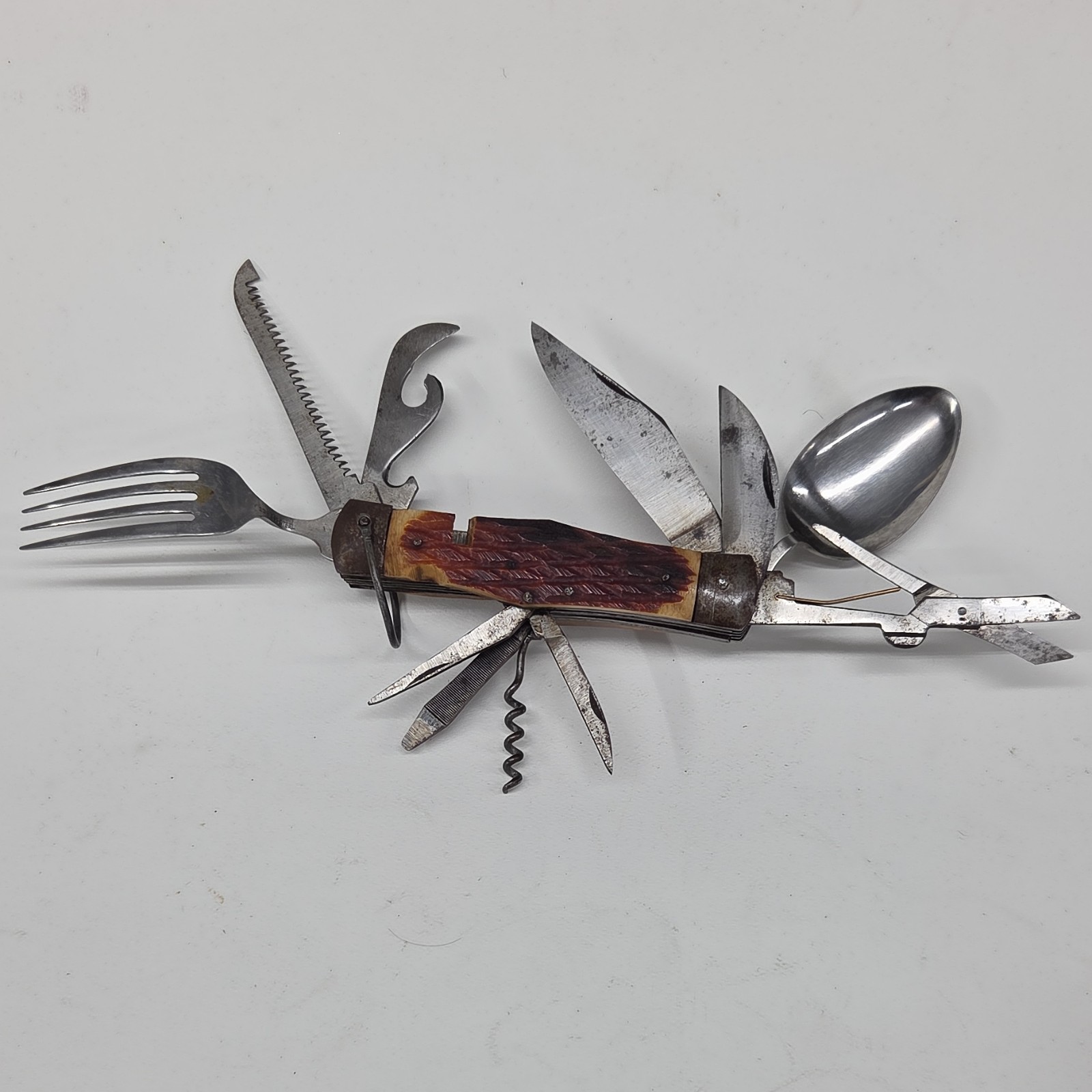 Vintage Camping Multi-Tool Knife Fork Spoon Scissors Corkscrew Leather Sheath