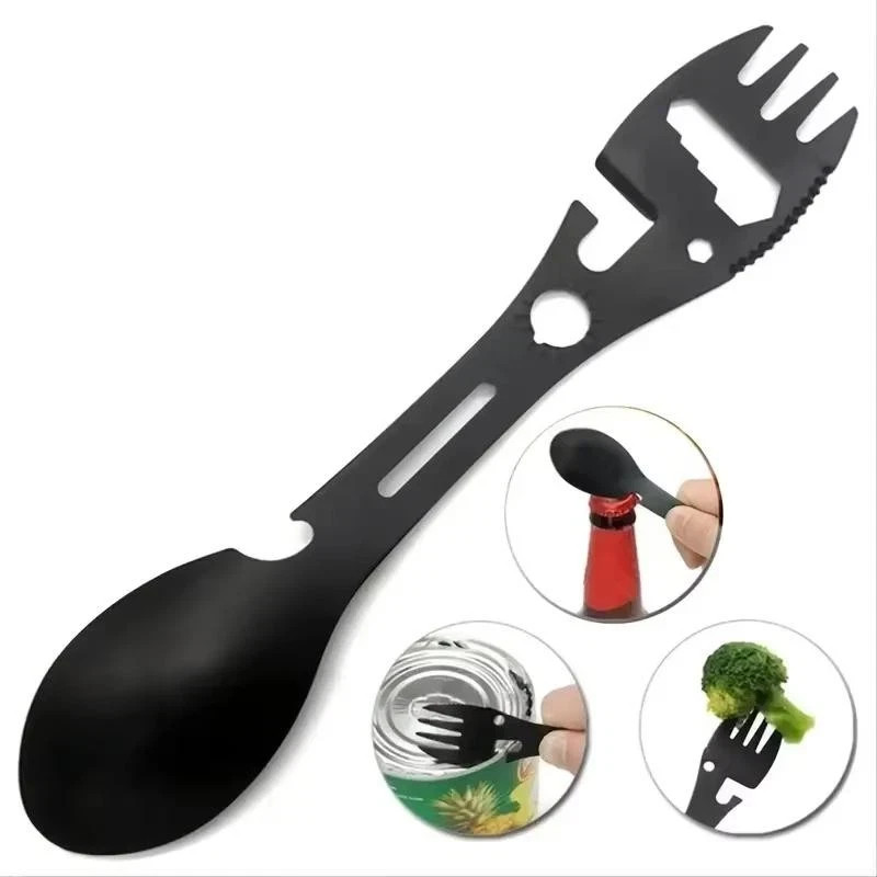 Camping Multi-tool Whistle Knife Fork Spoon Wrench Bottle Opener – 1pc