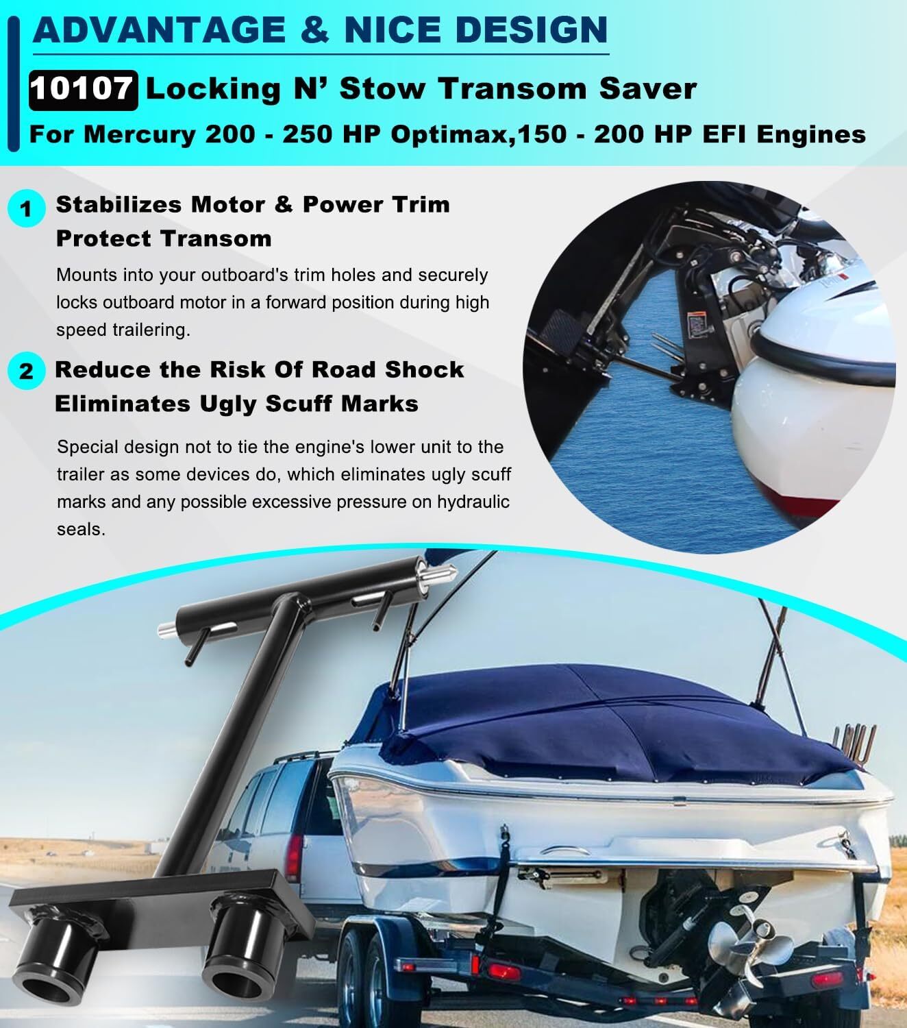 10107 Lock N’ Stow Transom Saver For Mercury Outboard Trailering Motor Support