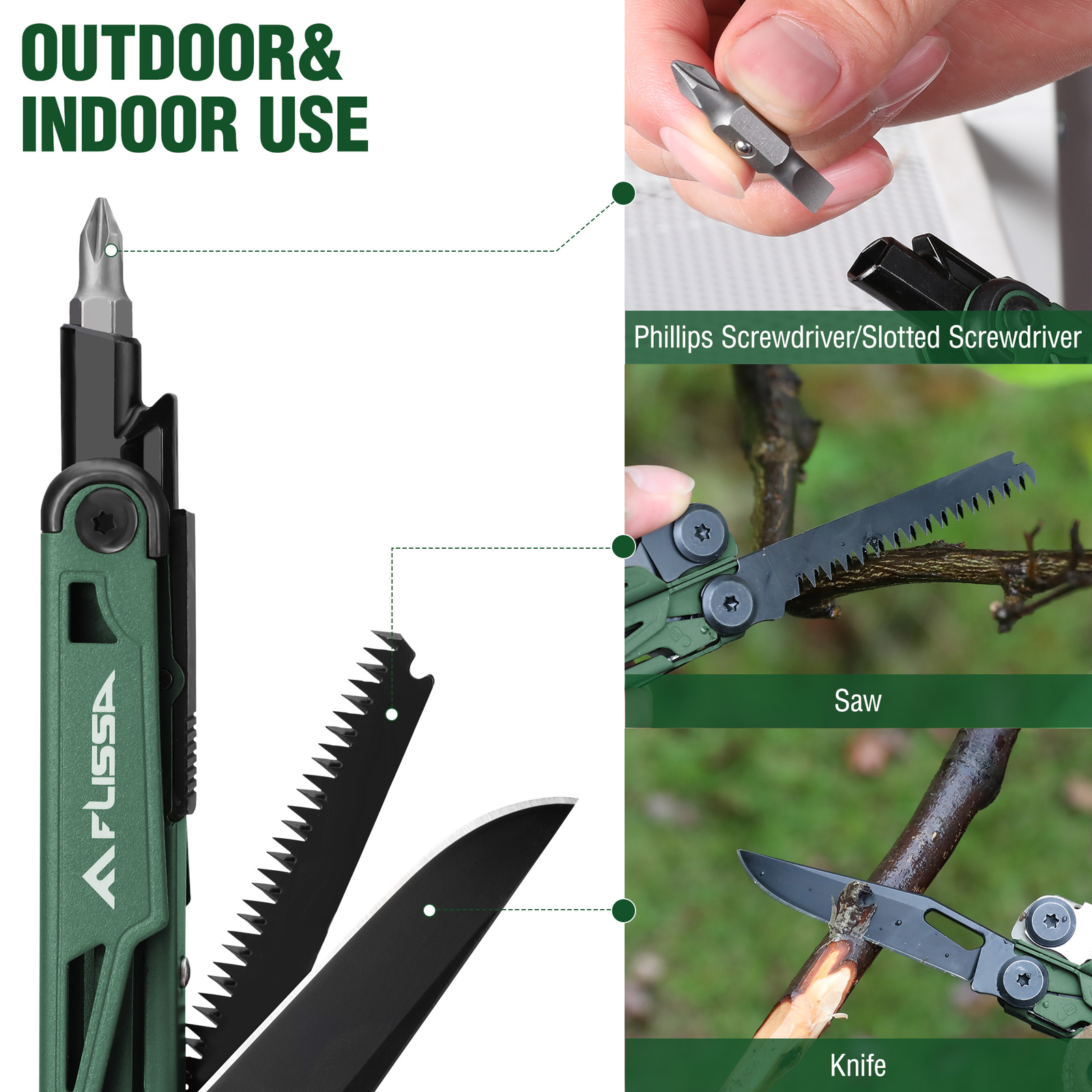 FLISSA Multitool, 15-in-1 with Sheath, Stainless Steel EDC Multitool Pliers