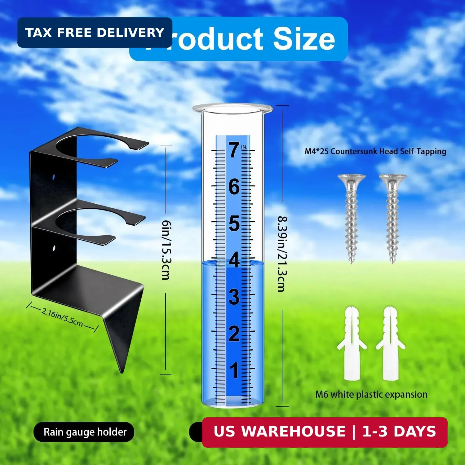 Outdoor Rain Gauge 7 Inch with Black Stainless Steel Bracket, Freeze-Proof Clear