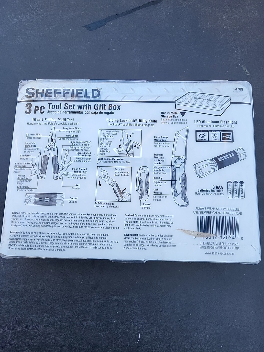 Sheffield 3 Pc Tool Set With Gift Box Multi Tool Utility Knife Flashlight New