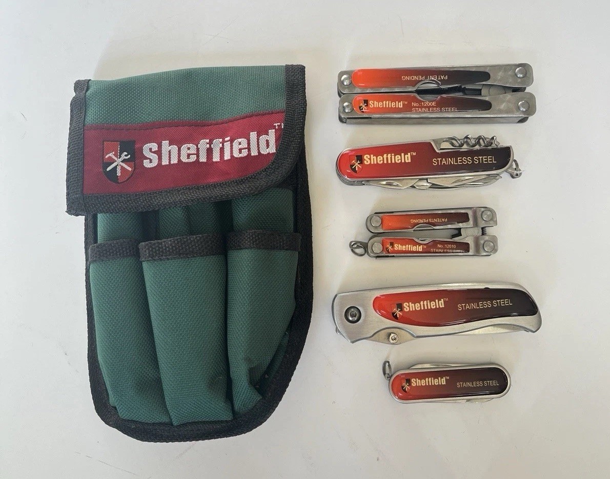 Sheffield Knife & Multi Tool Lot Of 5 With Pouch ~ Red Handle
