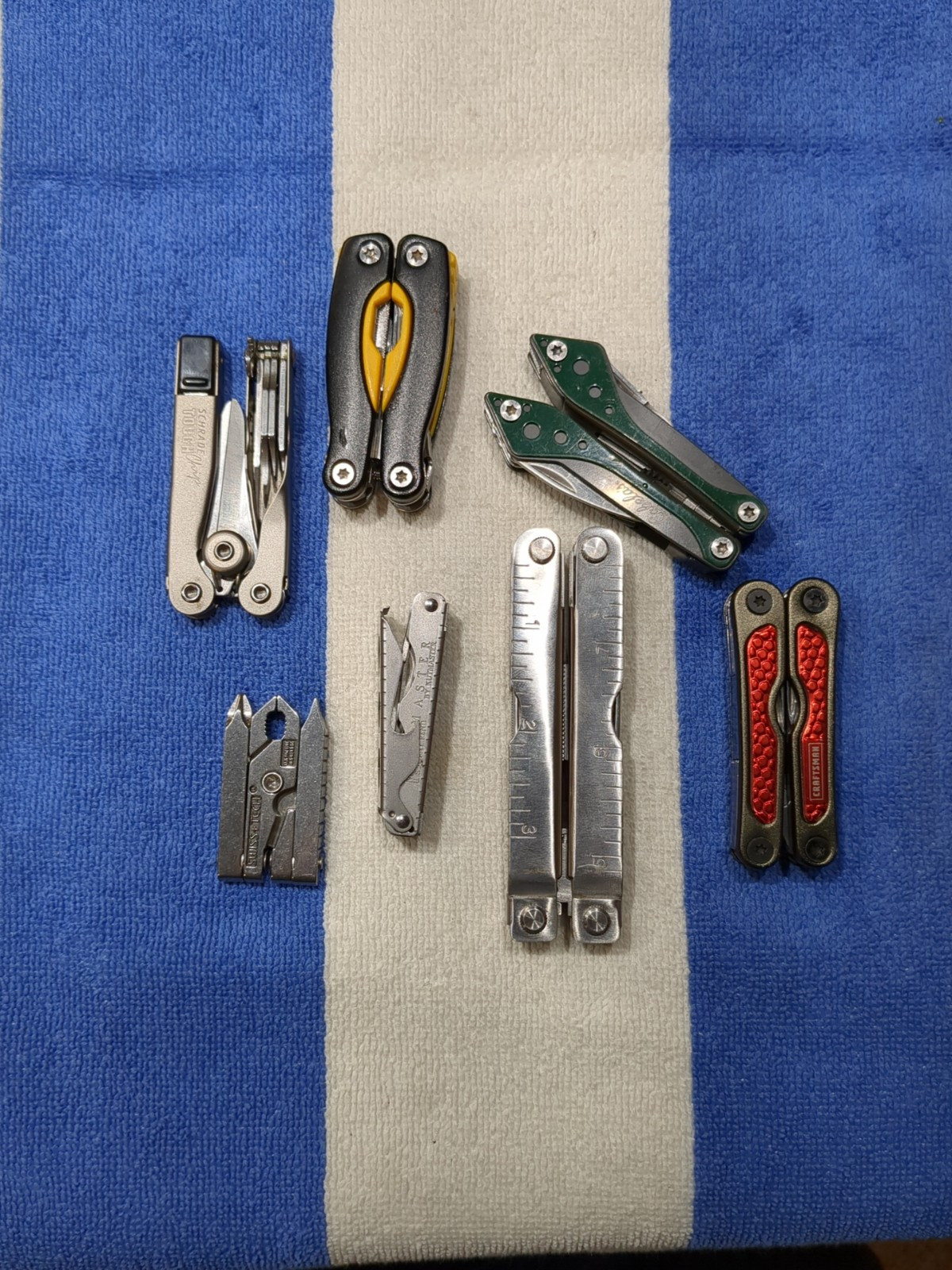 Lot Of 7 Multi tool Schrade, Kutzmaster, Swisstech, Cabelas, Stanley, Craftsman