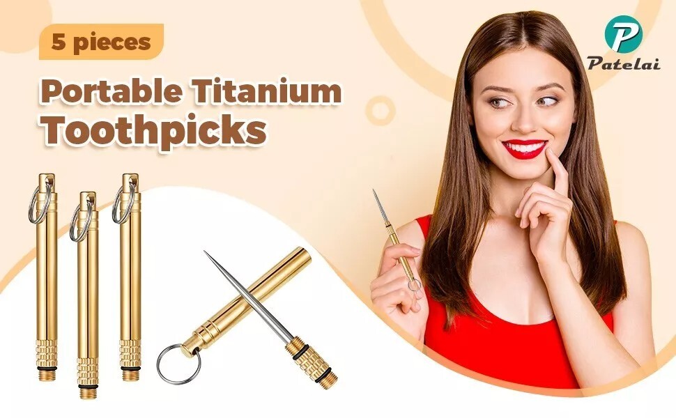 5PC Portable Titanium Pocket Toothpick Keychain Brass Holder Camping Travel Gold