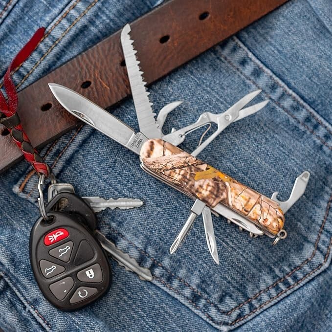 MAXAM, 16-Function Knife with Leymar Handle, Stainless Steel Multi Tool – Camo
