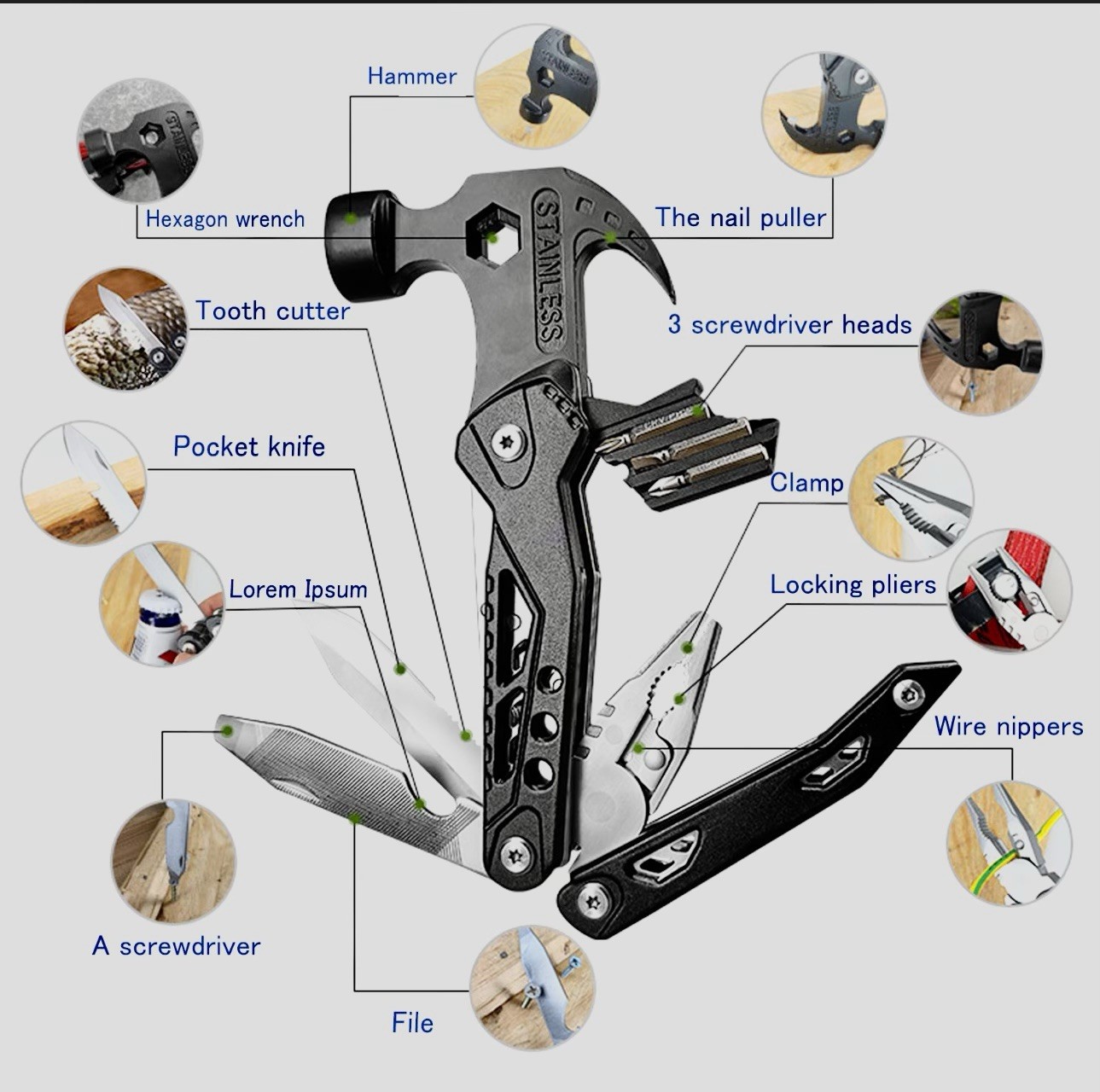 RAXCO 14-in-1 Multitool Hammer Pliers Knife Saw Screwdriver with Nylon Sheath