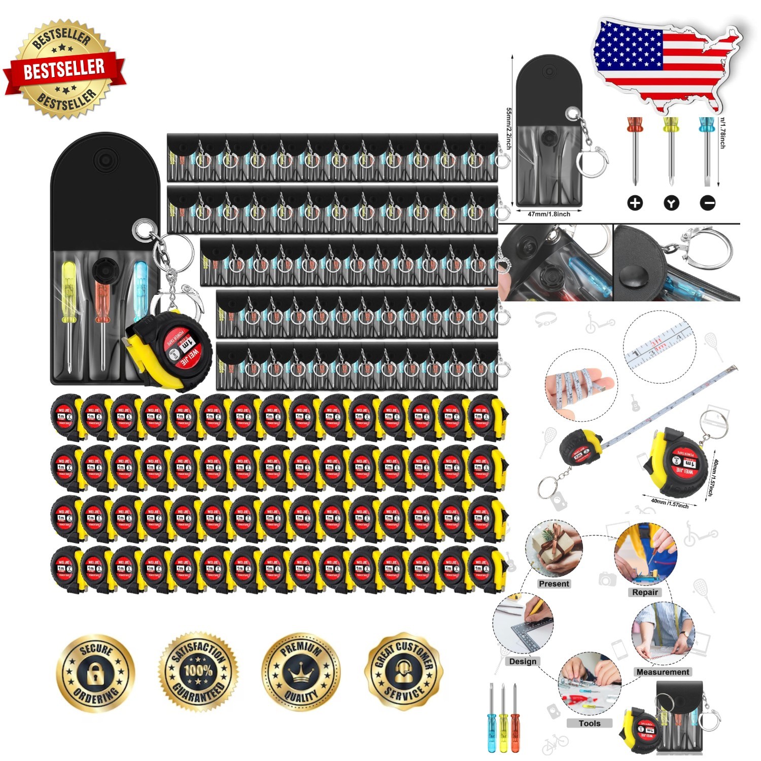 Durable Mini Tool Keychain Bulk: 120 Pcs Screwdriver & Tape Measure