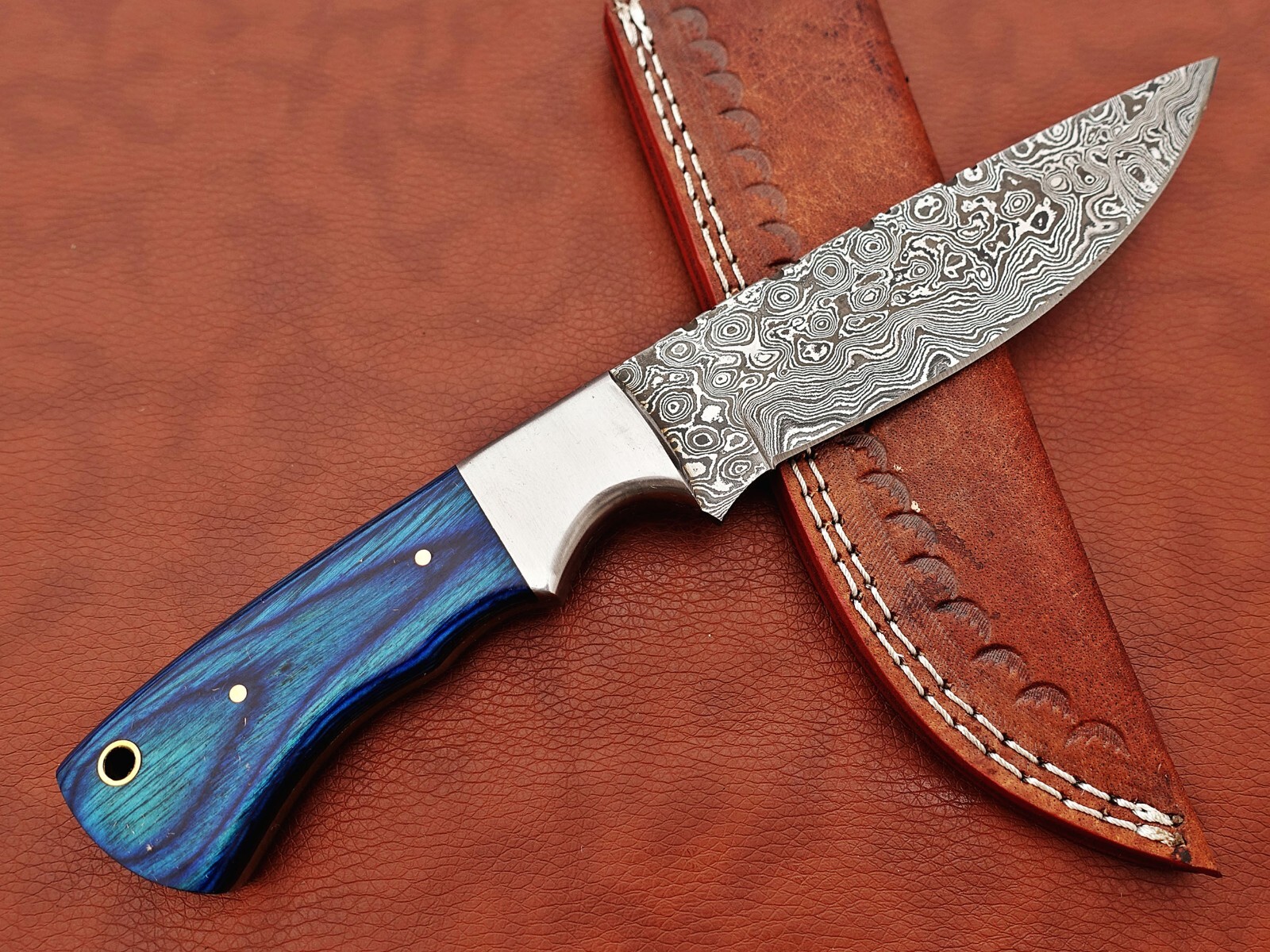 9.5″ Rain drop Damascus steel Blue wood scale Skinning knife W/ Leather sheath