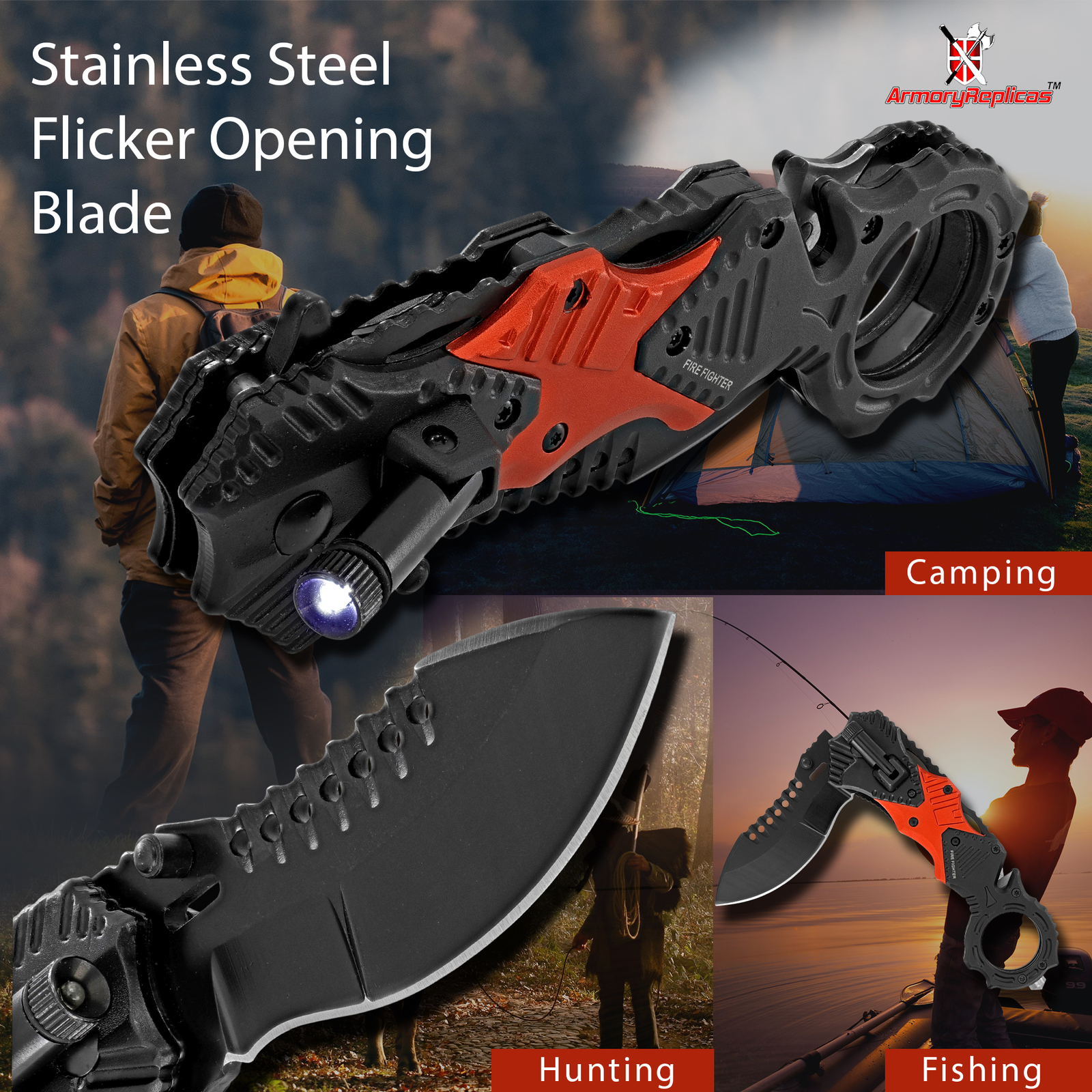 Tactical Survival Emergency Folding Pocket Knife with Flashlight & Glass Breaker