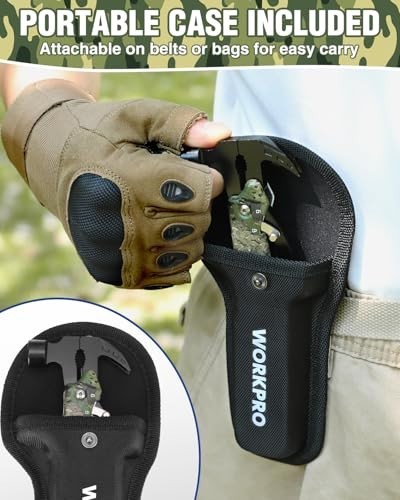 12-in-1 Camping Multitool with Mini Hammer, EDC Gear, Safety Lock & Pouch – Camo