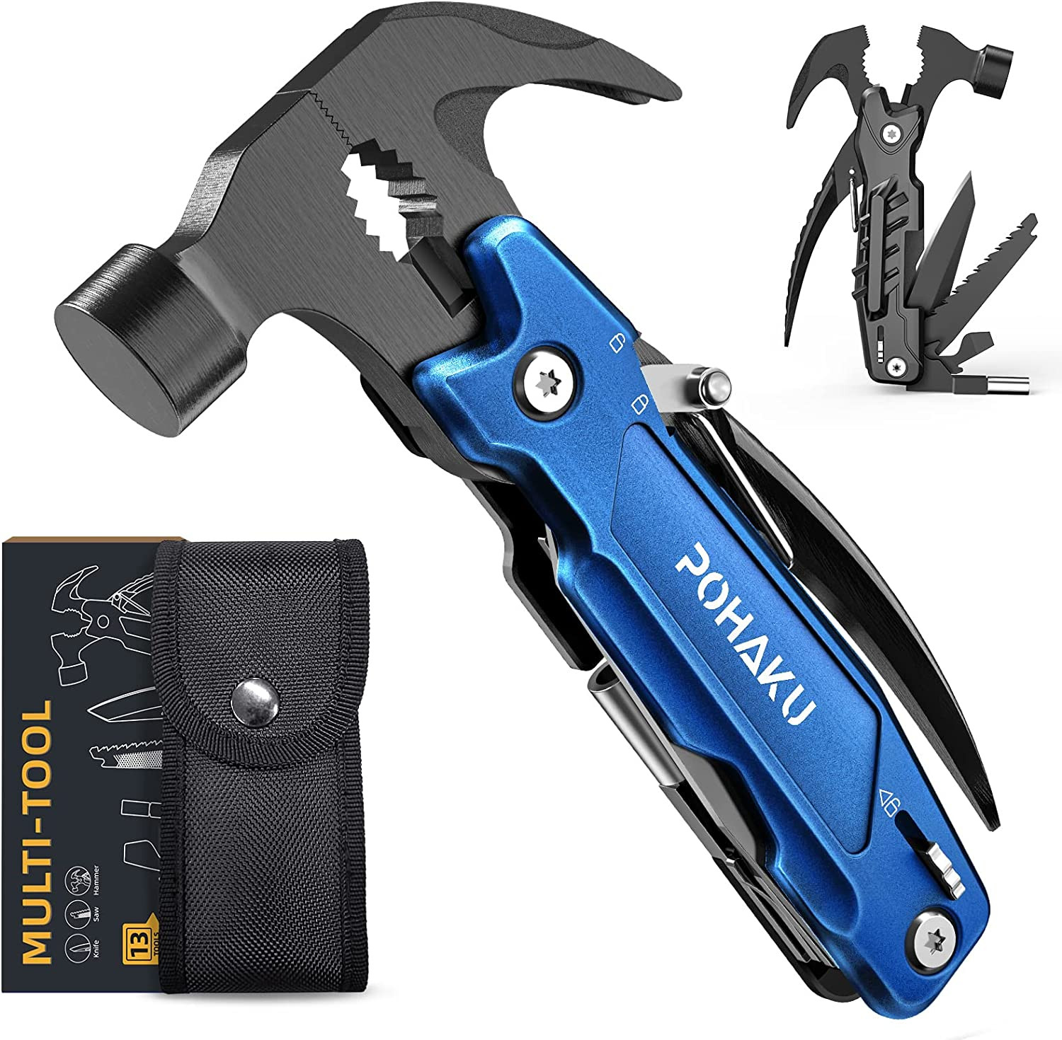Pohaku Blue13-In-1 Multitool W/Hammer, Pliers, Screwdriver and Belt Pouch