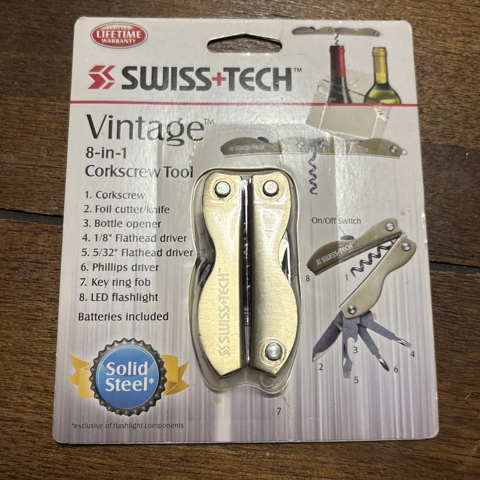 Swiss-Tech Vintage 8-in-1 Multi Tool Corkscrew Phillips Flashlight Knife New