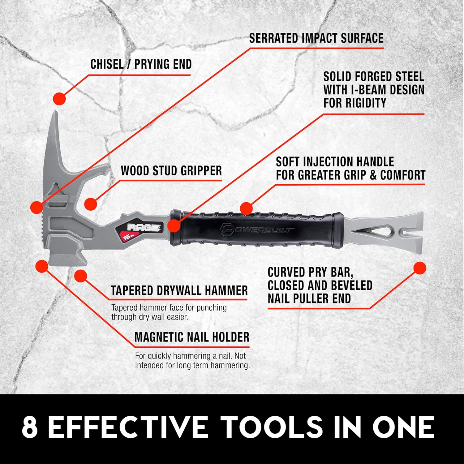 15 Inch Multi-Function Demolition Tool, Hammer, Nail Puller, Magnetic Nail Start