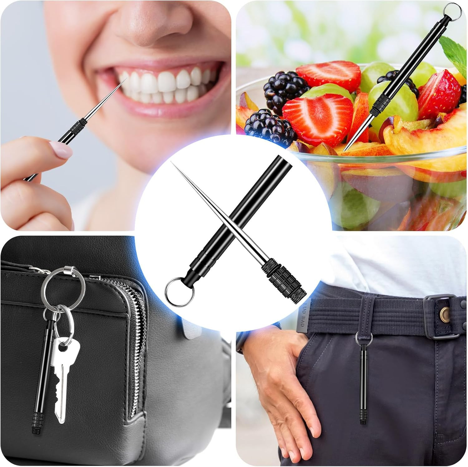 Metal Titanium Toothpicks, 8Pcs Black Reusable Keychain Telescopic Toothpick wit