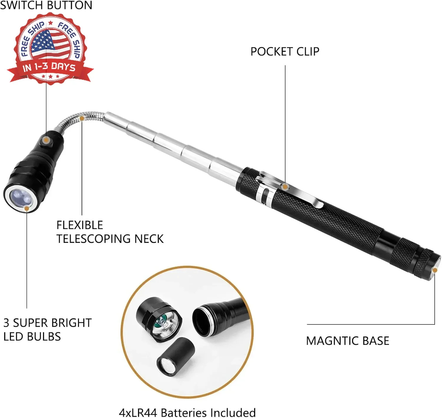 Magnetic Flashlight Fathers Day Dad Gifts for Men: Extendable Magnet Pickup Tool