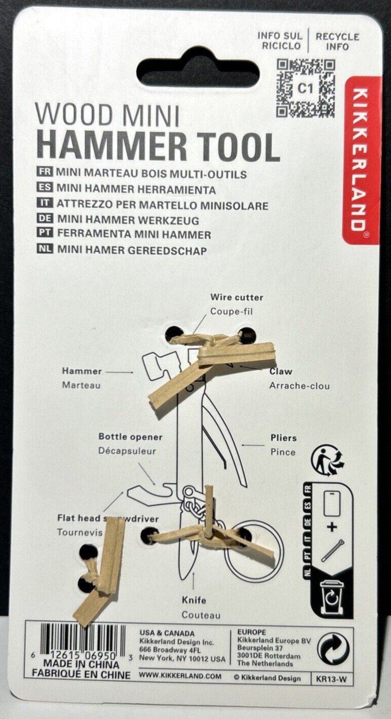 Kikkerland Wood Mini Hammer Tool 7-in-1 Multi Tool Mini Hammer KR13-W NEW